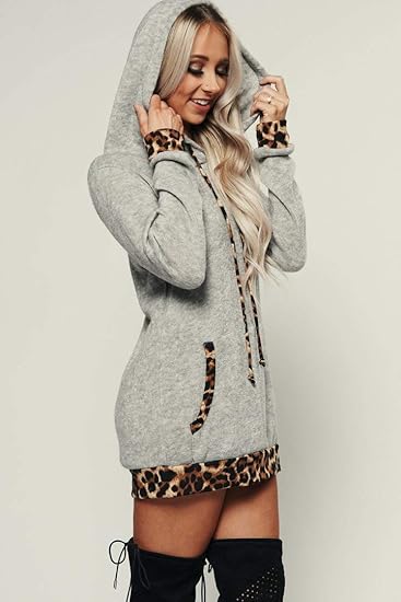 Loose-fitting patched sweatshirt dress featuring pocket leopard lines Grey