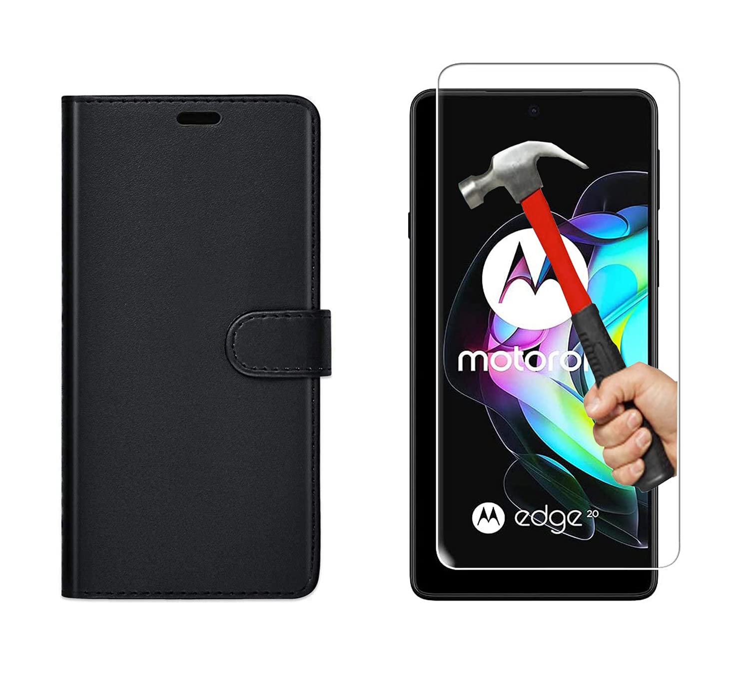 KP TECHNOLOGY Moto Edge 20 Case, Moto Edge 20 Leather Case, Motorola Edge 20 Book Flip Leather Wallet Cover with Tempered Glass Screen Protector for Motorola Moto Edge 20 (BLACK)