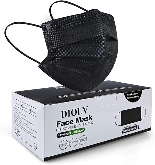 DIOLV 50 Pcs Disposable Face Mask 4Layer Breathable Masks Black