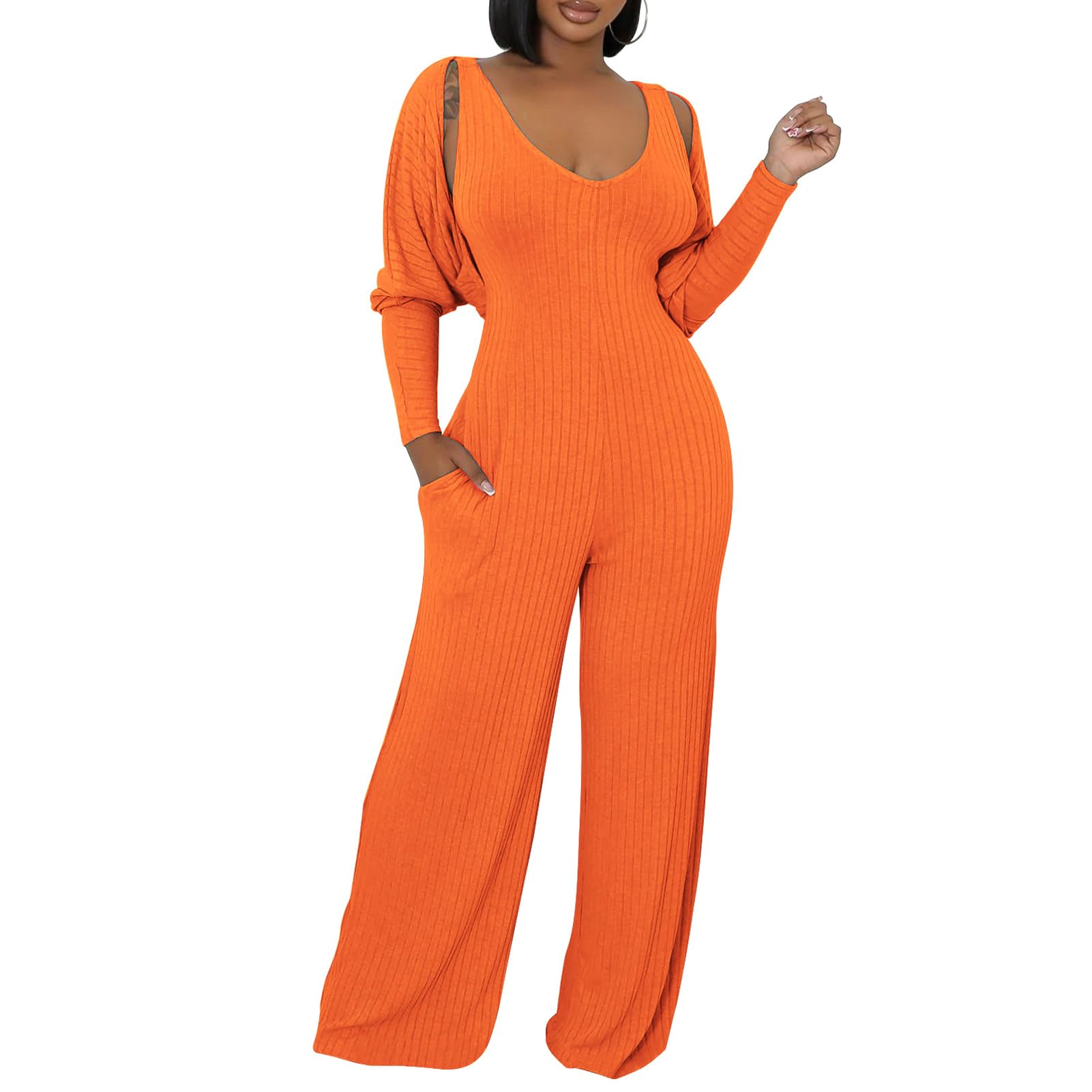 Photo 1 of ECHOINE Jumpsuit for Women Long Sleeve Cardigan Open Front Wide Leg Long Pants Two Piece Set Lounge Wear Orange XL