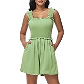 Tanou Women's Summer Casual Smocked Rompers Square Neck Sleeveless Loose Short Jumpsuit Flowy Beach Outfits with Pockets