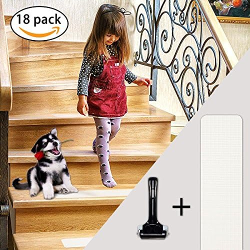 DEALIKEE(18-PACK)Pre Cut Anti Slip Clear Tape – 4" x 24" Translucent Non Slip Tape and Tape Roller, Family Safety For Kids, Elders And Pets, Adhesive Stair Treads, PVC-FREE