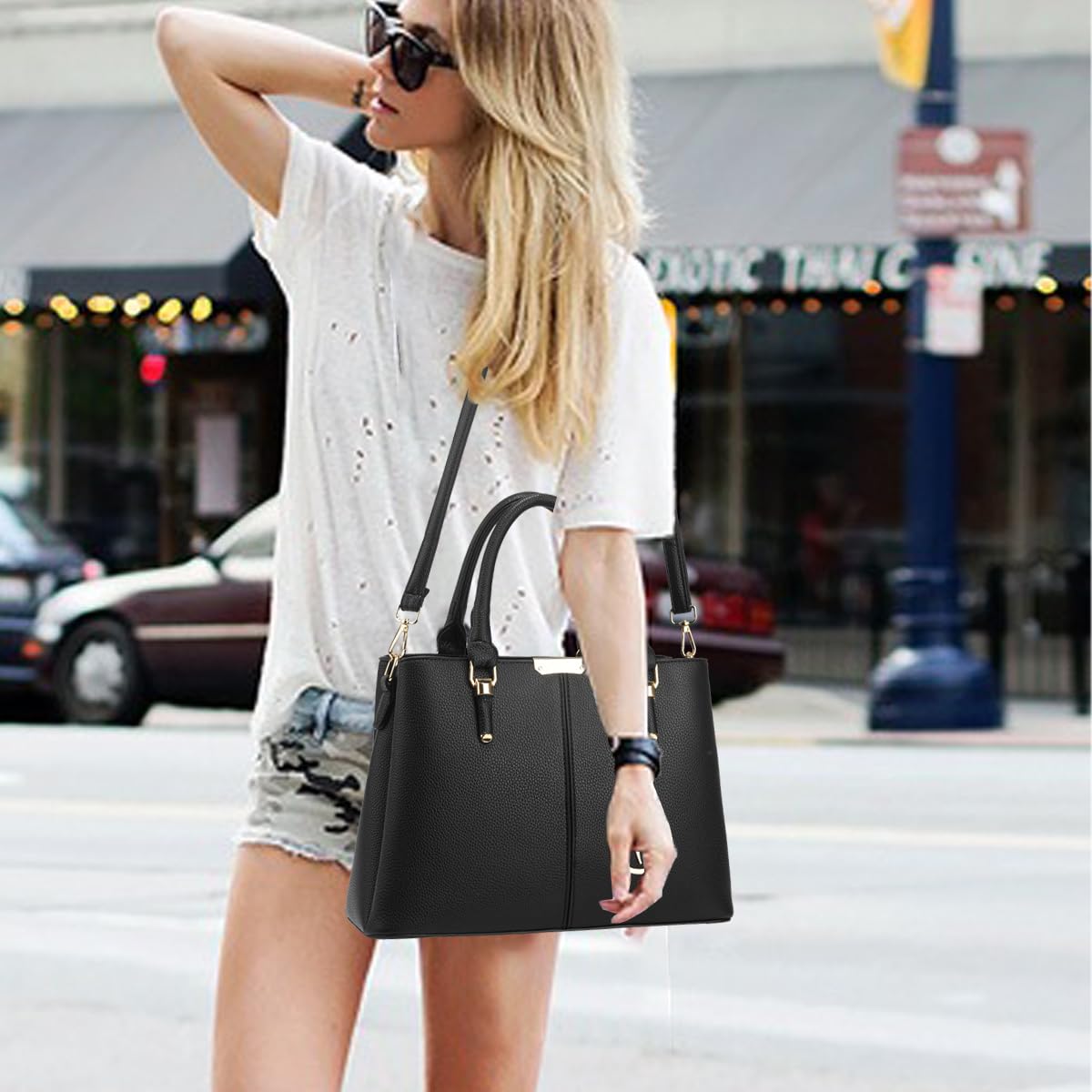 KURGOOL Purse and Handbags for Women, 3 Zip Compartments Tote Bag Designer Shoulder Purse Top Handle Satchel Bags