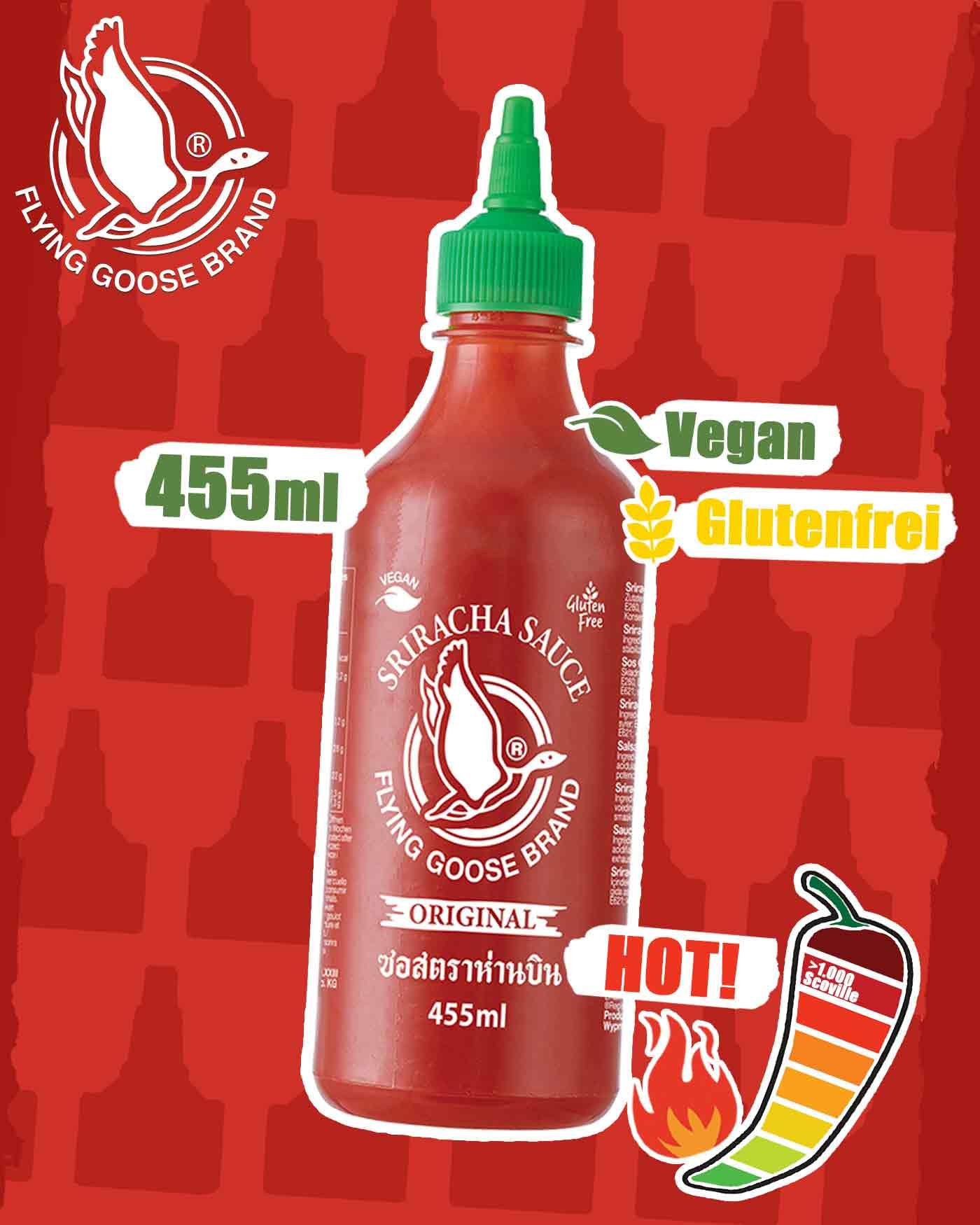 FLYING GOOSE Sriracha Chilisauce, das Original, scharf, grüne Kappe, scharfe Würzsauce aus Thailand, 1 x 455 ml 2