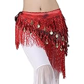 Lauthen.S Belly Dance Hip Scarf with Tassels Sequins, Triangle Coins Wrap Skirt Music Festival Clothing