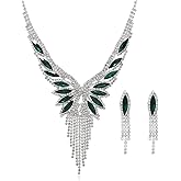 Hebelee Luxury Rhinestone Necklace Earrings Bridal Jewelry Sets for Women Green Crystal Teardrop Tassel Pendant Necklaces Wedding Costume Dress for Brides Bridesmaids