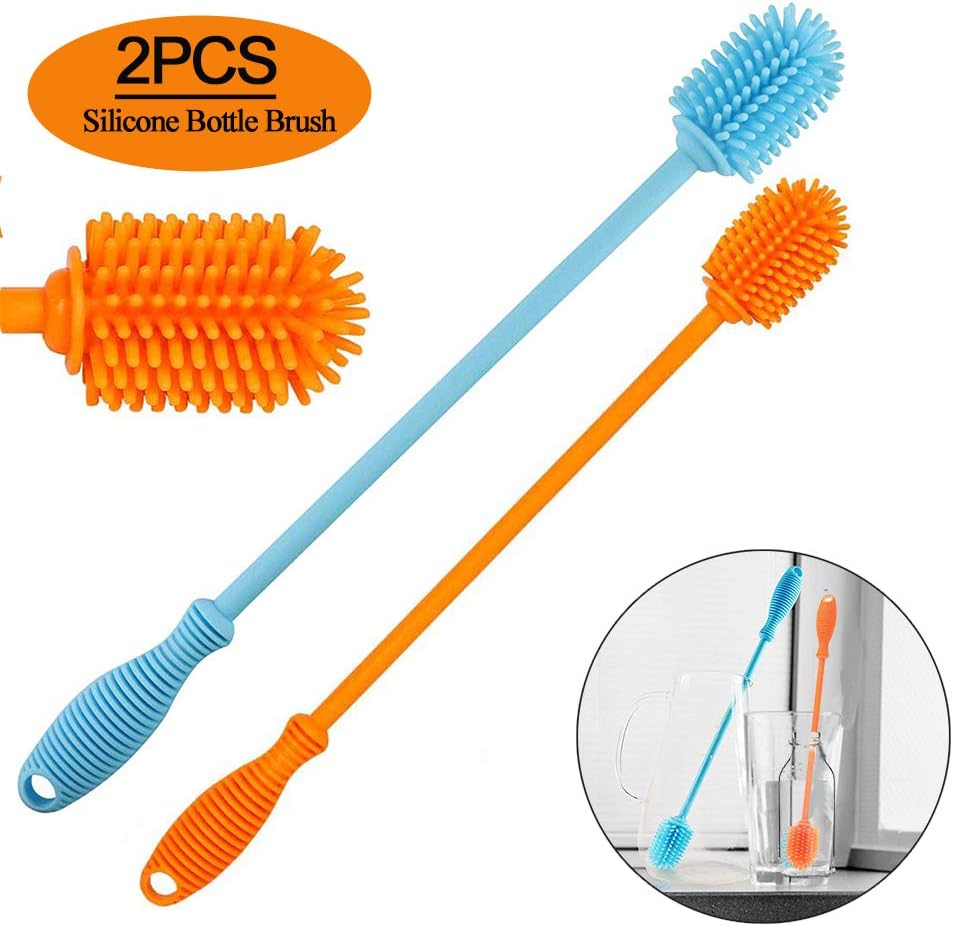 12'' 15'' Long Handle Silicone Bottle Brush, Baby Bottle Brush, Water Bottle Cleaning Set Multipurpose Dishwashing Cleaner Scrubbing Dish for Hydro Flask, Sport Bottle, Glassware
