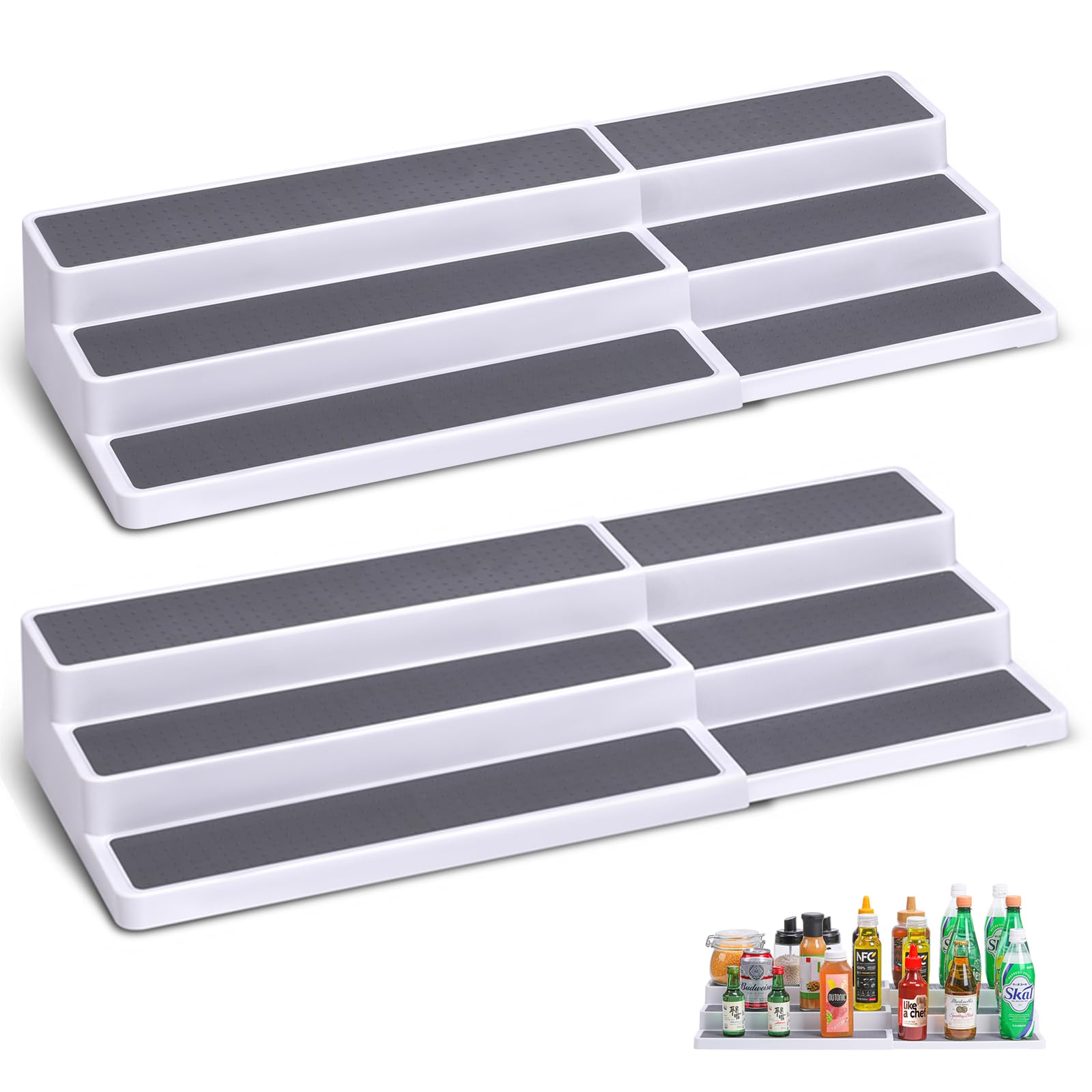 Photo 1 of CiWiVOKi 3 Tier Expandable Spice Rack Organizer, White/Grey Plastic Spice Rack, Adjustable Length 14.6In-25.8In, 2 Pack Non-Skid Tiered Spice Shelf Organizer for Kitchen Cabinet, Cupboard, Pantry
