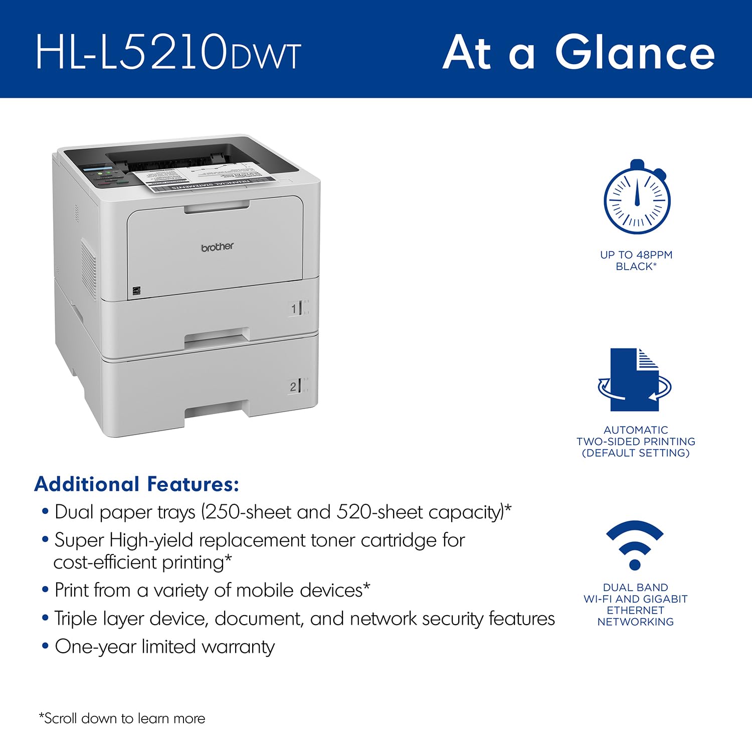 Brother HL-L5210DWT Business Monochrome Laser Printer with Dual Trays, Wireless and Gigabit Ethernet Networking, Duplex Printing, Large Paper Capacity, and Mobile Printing, White