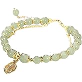 Progresssail Hetian Jade Bracelet for Women Double Layer Green Beaded Monstera Palm Leaf Bracelet Adjustable Classic Bracelet with Zircon Leaf Charm Ladies Jewelry