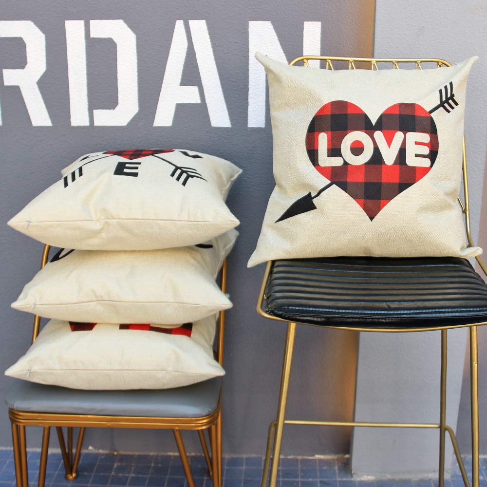 YEVIOR 4er Set Kissenbezug Weihnachten Valentinstag Liebhaberserie, Buffalo Plaid Dekorative 45 x 45 cm, Dekokissen Zierkissenbezüge für Wohnzimmer Schlafzimmer Dekor, Rot Schwarz Kariert,Leinen