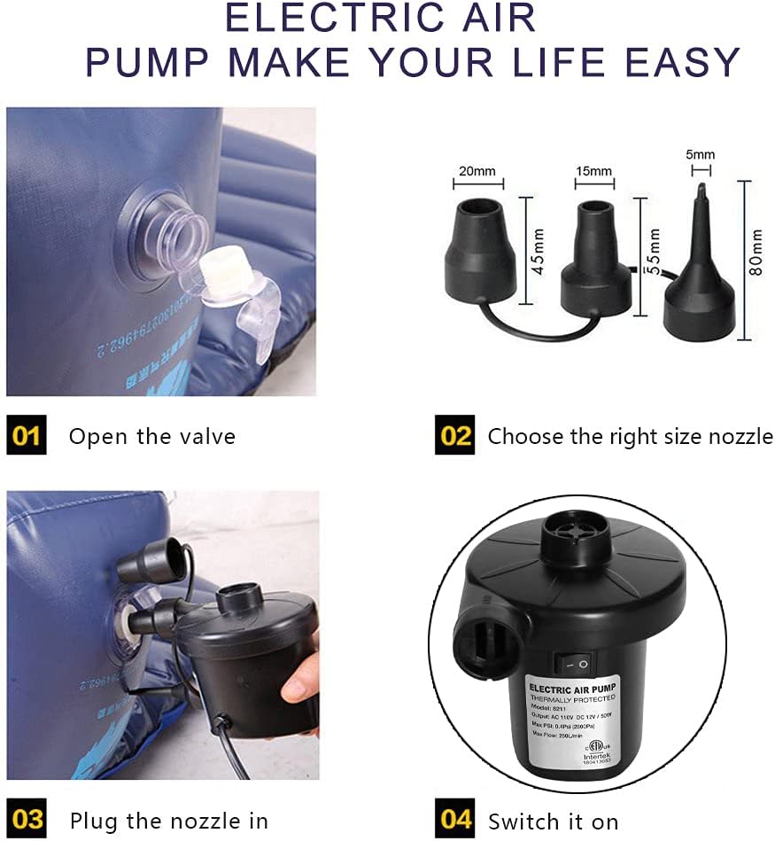 BUYMAX Electric Air Pump for Inflatables 110V AC/12V DC Air Mattress Pump Airbed Boat Pool Raft Inflatable Pool Toys Portable Pump with 3 Nozzles: Sports & Outdoors