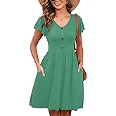Heymoments Women Summer Dresses Ruffle Sleeve Casual V Neck Swing Button Down Flowy Dress with Pockets