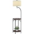 Lavish Home Floor Lamp with End Table - Modern Rustic Side Shelves with USB Charging Port, LED Light Bulb, and Drum-Shaped Shade - Standing Lights