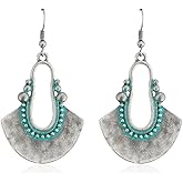 Boho Antique Carved Flower Dangle Drop Earrings for Women Vintage Retro Handmade Hollowed Antiqued Bronze Floral Shaped Geometric Gold Silver Plated Hoop Earrings for Ethnic Style Jewelry Gifts