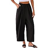 Yeokou Womens Linen Pants Summer Casual Capris Cropped Wide Leg Beach Trousers with Pockets