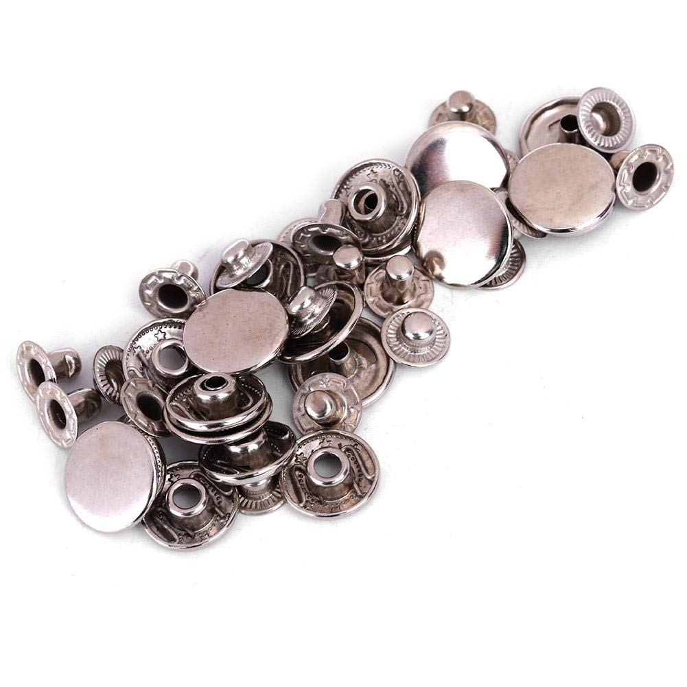 Snap Fasteners, 50 Set Round Brass Snap Buttons Kit Press Studs for Leather Craft Repairs Clothes Jackets Jeans Wears Bags Belts Backpacks Wallet Silver 15mm