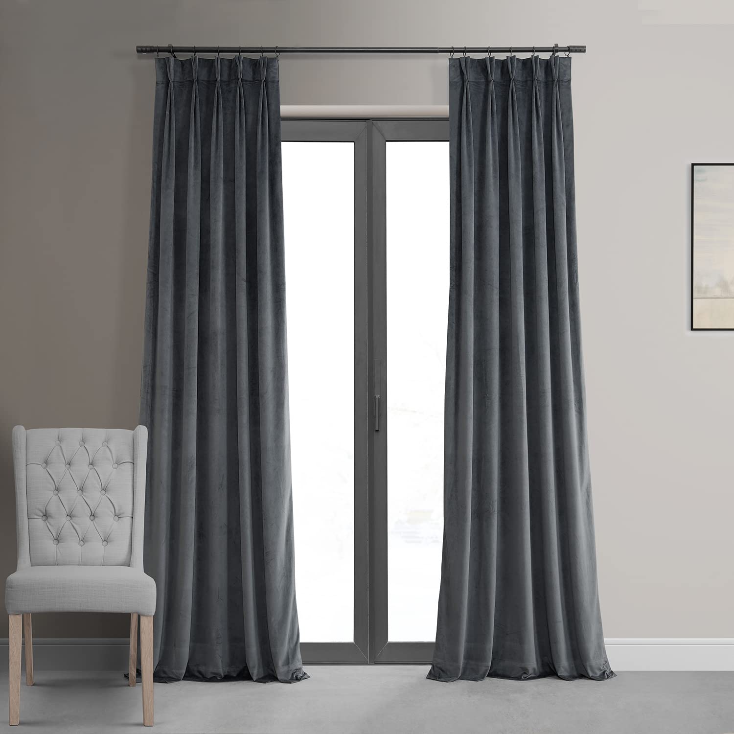 HPD Half Price Drapes Velvet Blackout Curtains/Drapes – 96 Inches Long 1 Panel Blackout Curtain Signature Pleated for Living Room & Bedroom – 25W X 96L, Distance Blue Grey