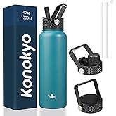 Konokyo 40oz Insulated Water Bottle Stainless Steel Sport Bottles with 3 Lids,Light Blue