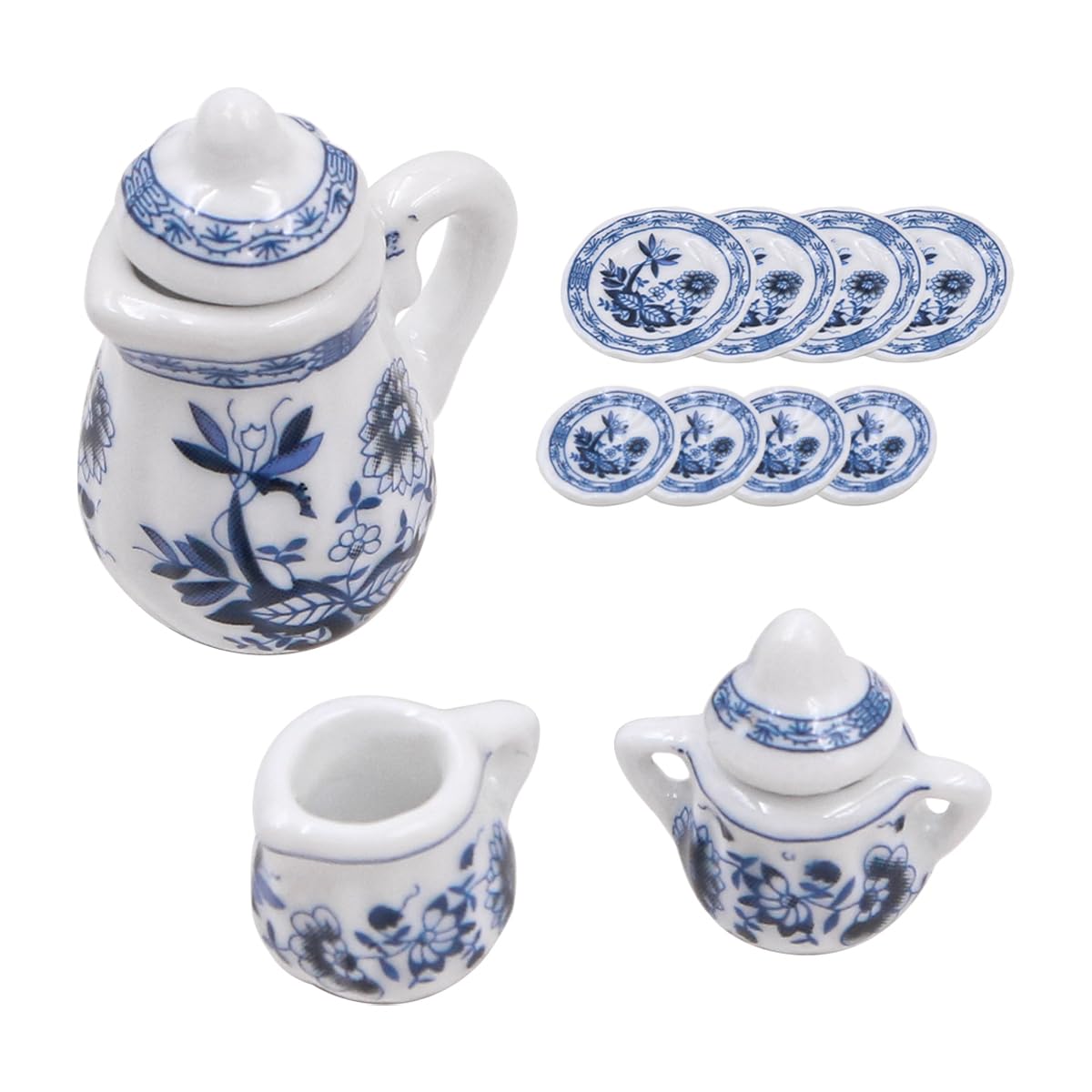 CENPEK Dollhouse Ceramic Tea Set 1:12 Dolls House Accessories with Mini Fork Spoon Cutlery for Dollhouse Scene Decoration - Blue and White Porcelain