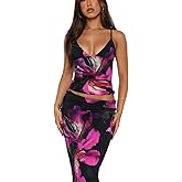 ksotutm Maxi Skirt Set Floral Print Halter Top Maxi Skirt Sexy Going Out Outfits for Women