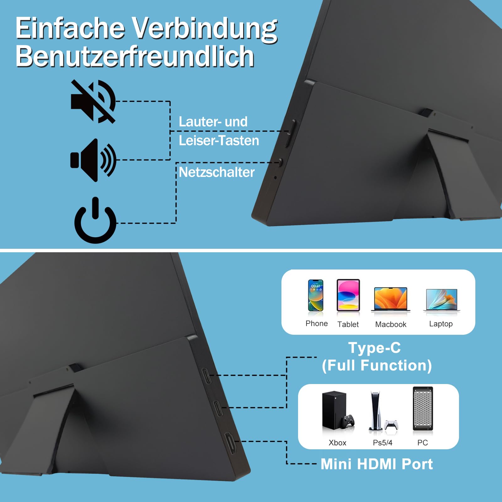 Kyyivwine 15,6 Zoll 2,5K Touchscreen Monitor,FHD 2880x1620 IPS 100Hz 16:9,10-Punkt-Touch Portable Monitor with 100%sRGB,Ultradünn Erweiterter Tragbarer Monitor für Laptops/PCs/Smartphone/Macs/Xbox/PS5 8