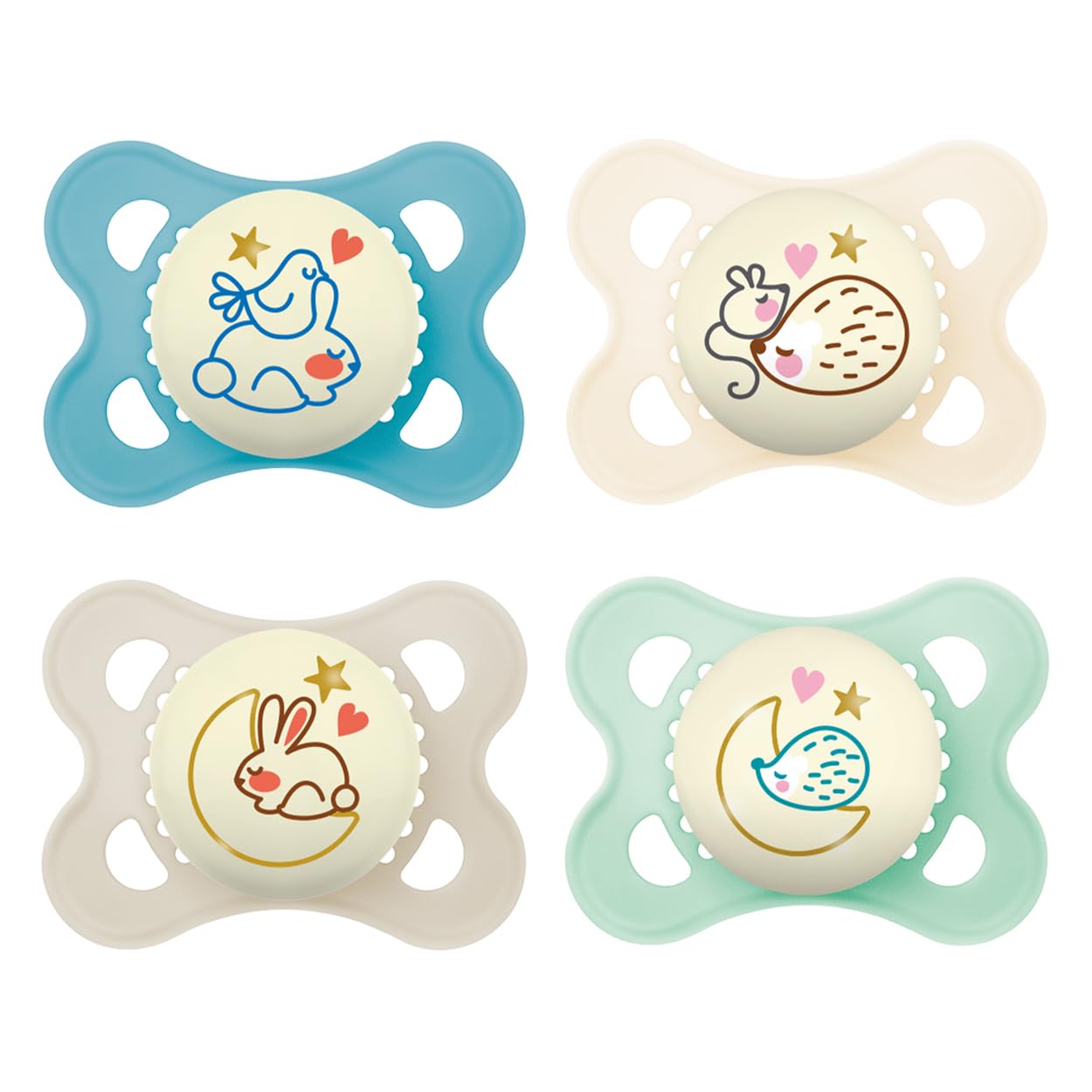 MAM Original Night Silicone Dummy, Set of 4, 0-6 Months, Glow in the Dark, Tooth-Friendly, Includes 2 Sterilising Transport Boxes, Cream