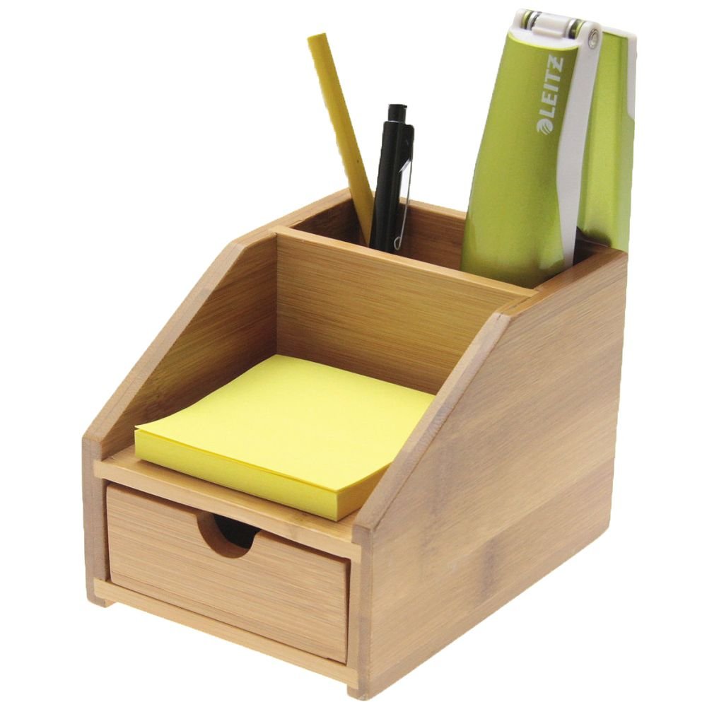 Woodquail Small Desk Stationery Organiser with Drawer, Made of Natural Bamboo