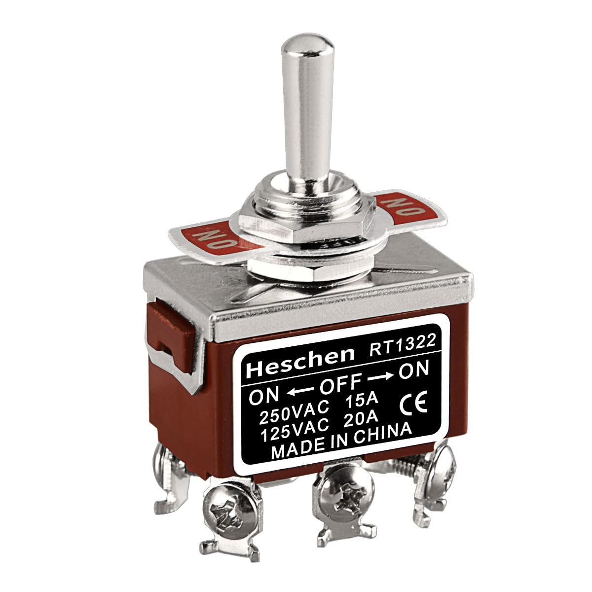 Heschen Metal Toggle Switch, RT1322, DPDT, Maintained Type, ON/OFF/ON, 3 Position, 15A 250VAC