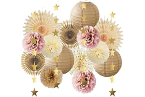 FETETIJD Pink Champagne Party Decorations Dusty Rose Champagne Gold Beige Boho Party Decorations Neutral Cream Pom Poms Paper Lanterns for Rustic Pink and Brown Birthday Baby Shower Wedding Engagement