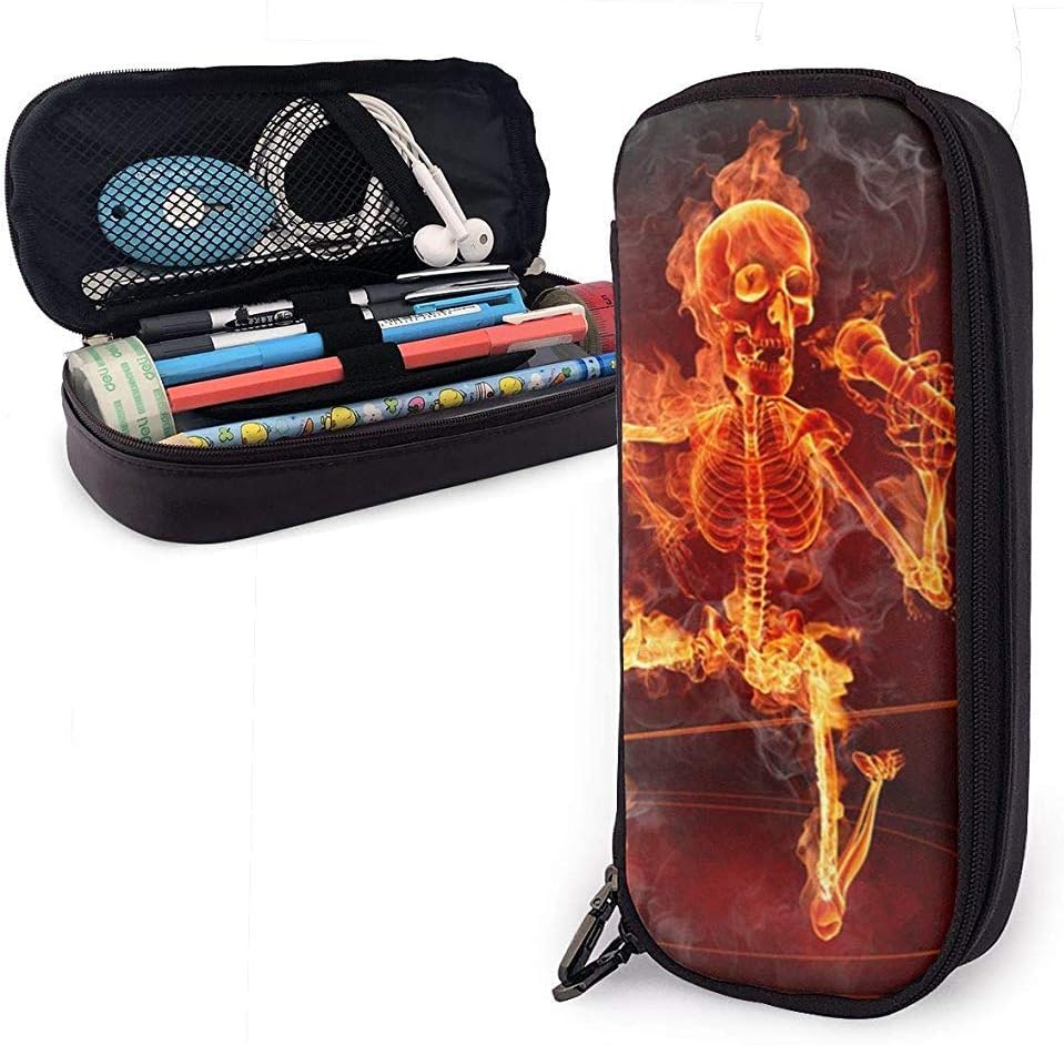 Music Lovers Fire Skeletons Pencil Case Pen Case Pencil Pouch Stationery Organizer Makeup Bag Leather