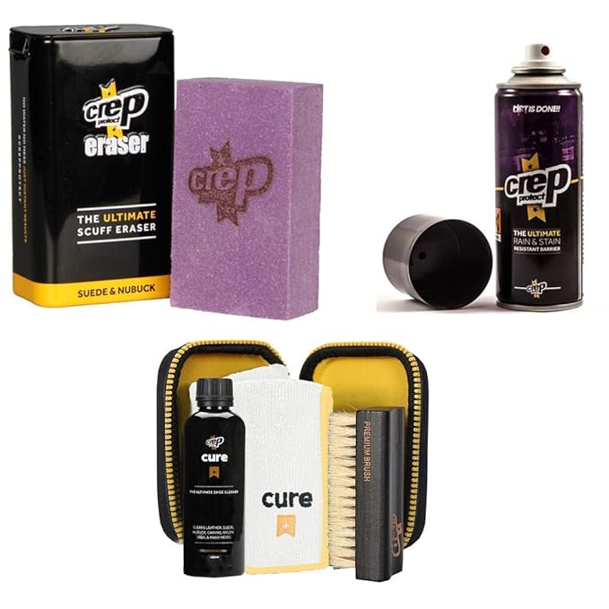 crep protect Suede and Nubuck Shoe Care Kit Includes the Rain & Stain Resistant Barrier Spray, Cure, and Eraser.