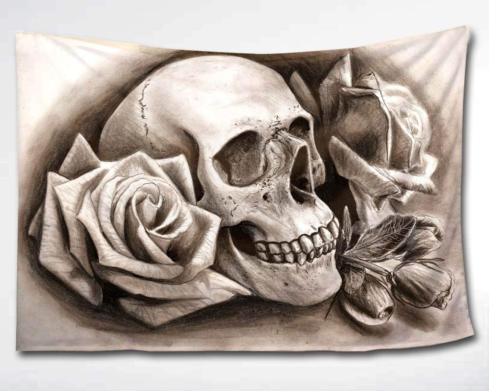 HWMR Sugar Skull Tapestry Wall Hanging Art Sketch Skull Roes Home Decor Collage Dorm Beach Throw Tapestries 60x80 Inch