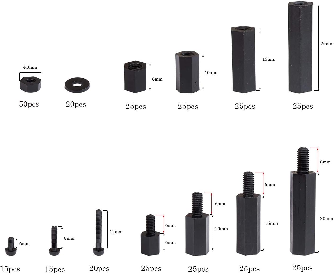 Litorange 320PCS M2 Male Female Nylon Hex Spacer Standoff Screw Nut Assorted Assortment Kit (Black), Nylon M2 320 PCS - Image 4