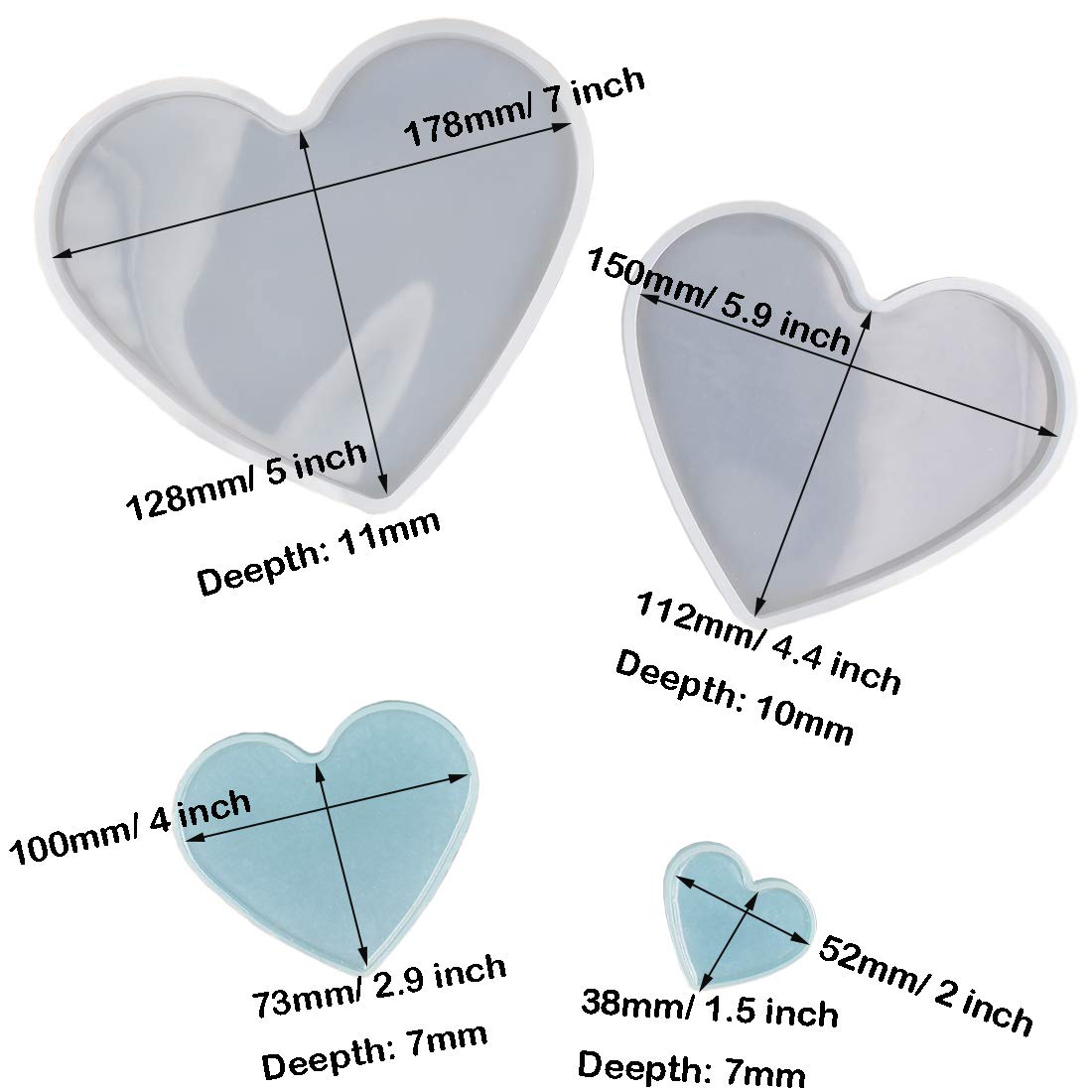 4Set Love Heart Shape Epoxy Mold - Size 18cm, 15cm, 10cm, 5.2cm DIY Resin Casting Silicone Mold (Not Deep Heart)