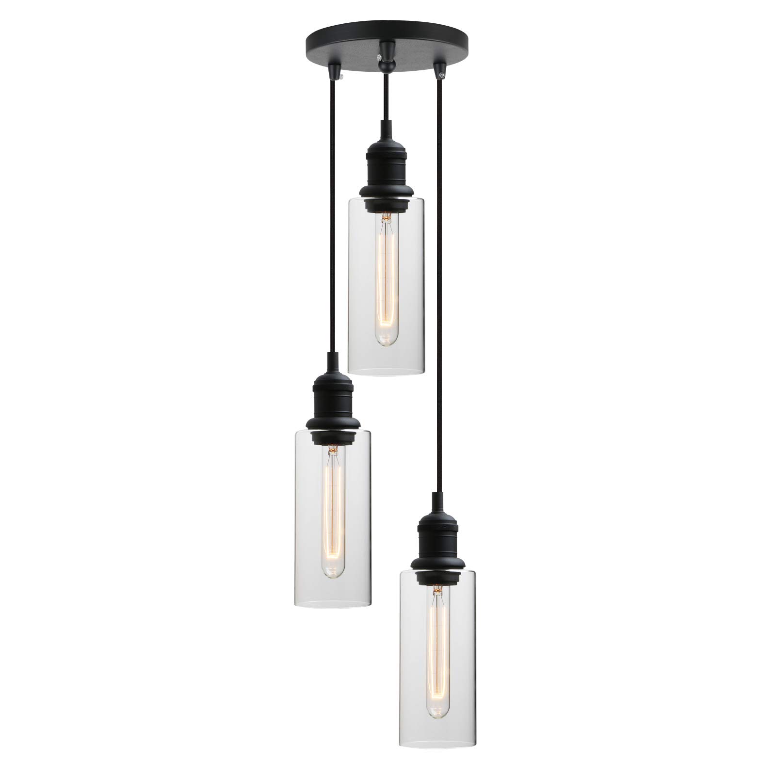 Yosoan Industrial Modern Vintage Chandelier Loft Bar Black 3 Way Pendant Light Fittings Clear Glass Shade, Hanging 3 Lights for Kitchen Island Dining Room Living Room Restaurant Cafe (Black)