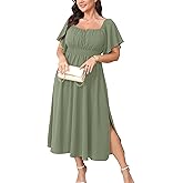 CICIDUDU Women Plus Size Dress Wedding Guest Formal Ruffle Short Sleeve Square Neck Smocked Flowy A Line Slit Maxi Dresses