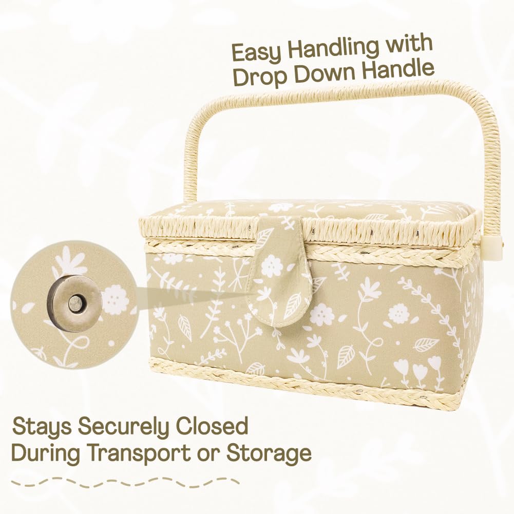 Medium Sewing Basket Sewing Storage and Organizer with Complete Sewing Kit Accessories Included - Wooden Sewing Box Kit with Removable Tray and Tomato Pincushion for Sewing Mending - Beige