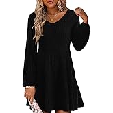 LUXVEER Women's Long Sleeve V Neck Sweater Dress Ribbed Knit Casual Babydoll Tiered Short Mini Fall Tunic Dresses