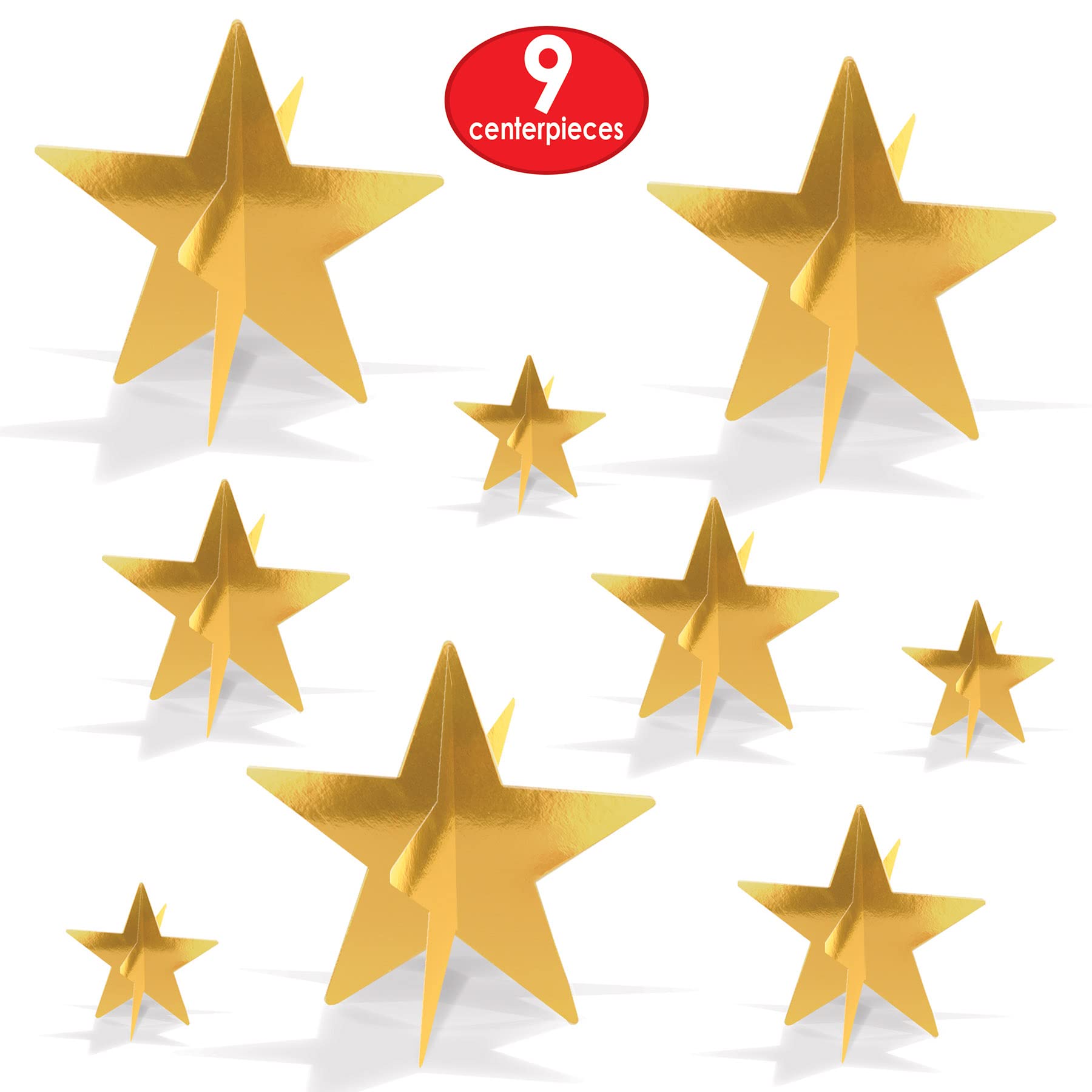 Beistle 9-Count 3-D Gold Star Centerpieces, Starry Night Decorations for Table in 3 Sizes, NYE Party Decor Cutouts & Celebration Table Accessories