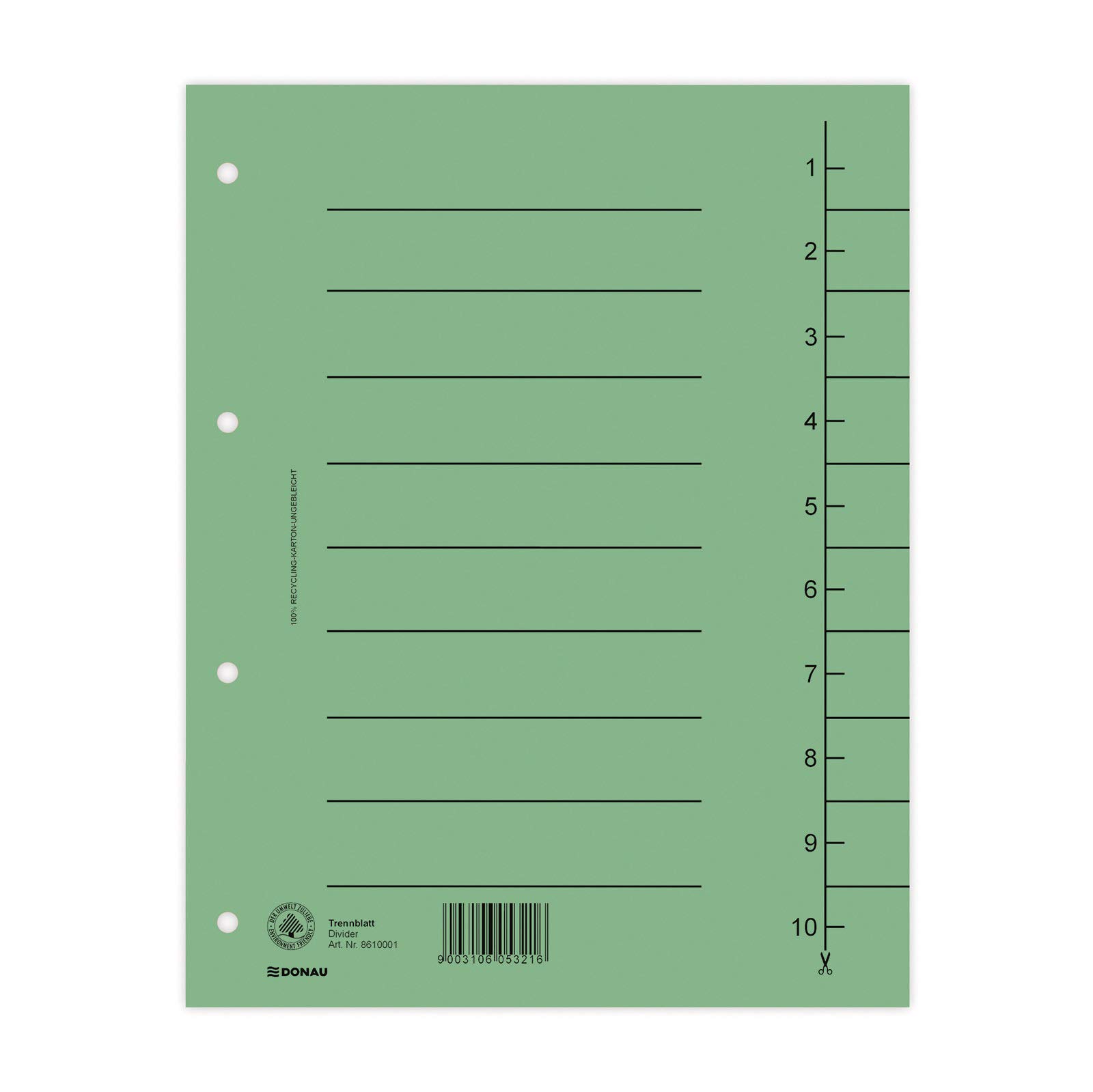 DONAU 8610001-06 Pack of 100 Dividers, Colour: Green, Cardboard Index, Extra-Wide, Recycled Cardboard 250 g/m² with Line Print for DIN A4 4-Hole Dividers