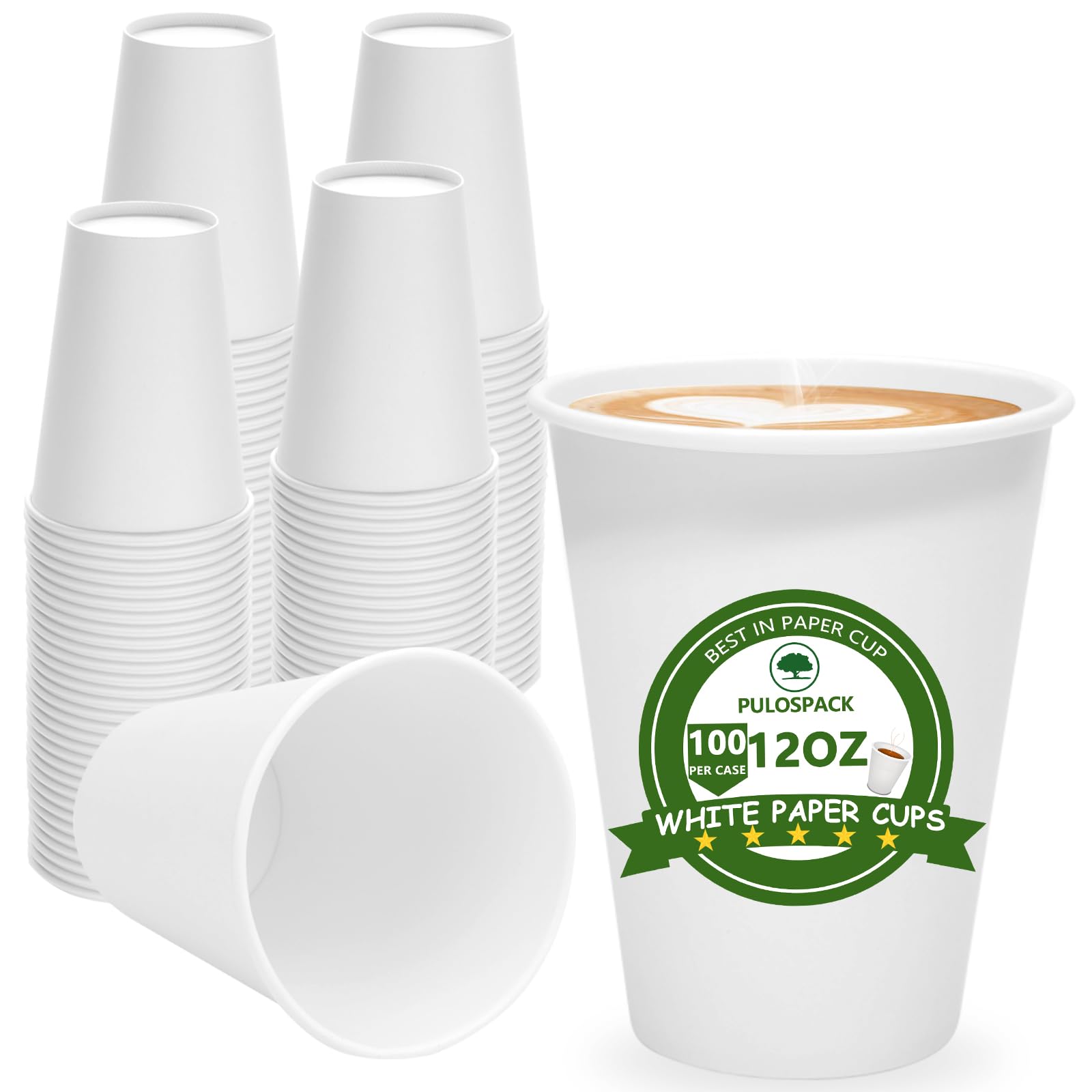 Photo 1 of (incomplete) PULOSPACK 100 Count 12 oz Disposable Paper Coffee Cups – Thickened White Paper Cups for Hot/Cold Drinks