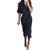 BTFBM Shirt Dresses for Women Spring Button Short Sleeve Silk Satin Ruched Maxi Summer Dress 2026 Cocktail Party Wedding