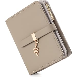 Charltu Small Wallet Woman Leaf Pendant RFID Blocking Womens Wallet,Taupe | Rfid-Blocking,8 Card Slots,2 ID Window,Soft PU Le