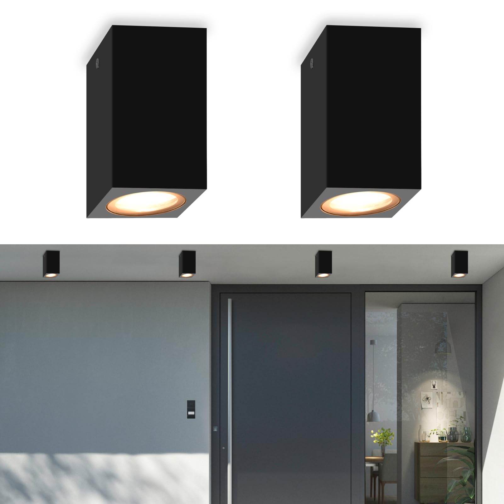 FUDESY 2Pcs Surface Mounted Downlight, GU10 Waterproof Modern Ceiling Spotlights Indoor Outdoor, Matte Black Square Ceiling Wall Spot Light for Hallway, Kitchen, Bedroom, Living Room