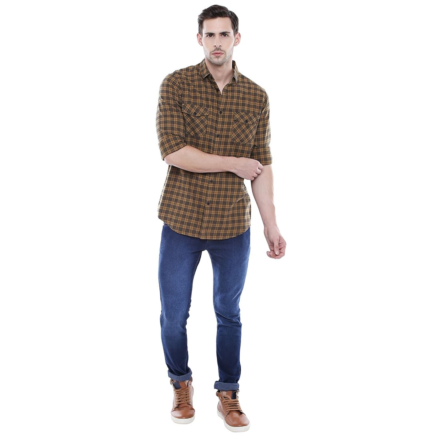 dennis lingo men's checkered mustard slim fit casual shirt
