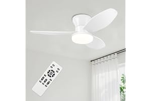Yoedivu Small Ceiling Fan, 35 Inch White Flush Mount Ceiling Fan with Lights and Remote, Low Profile Ceiling Fan with 3 Rever