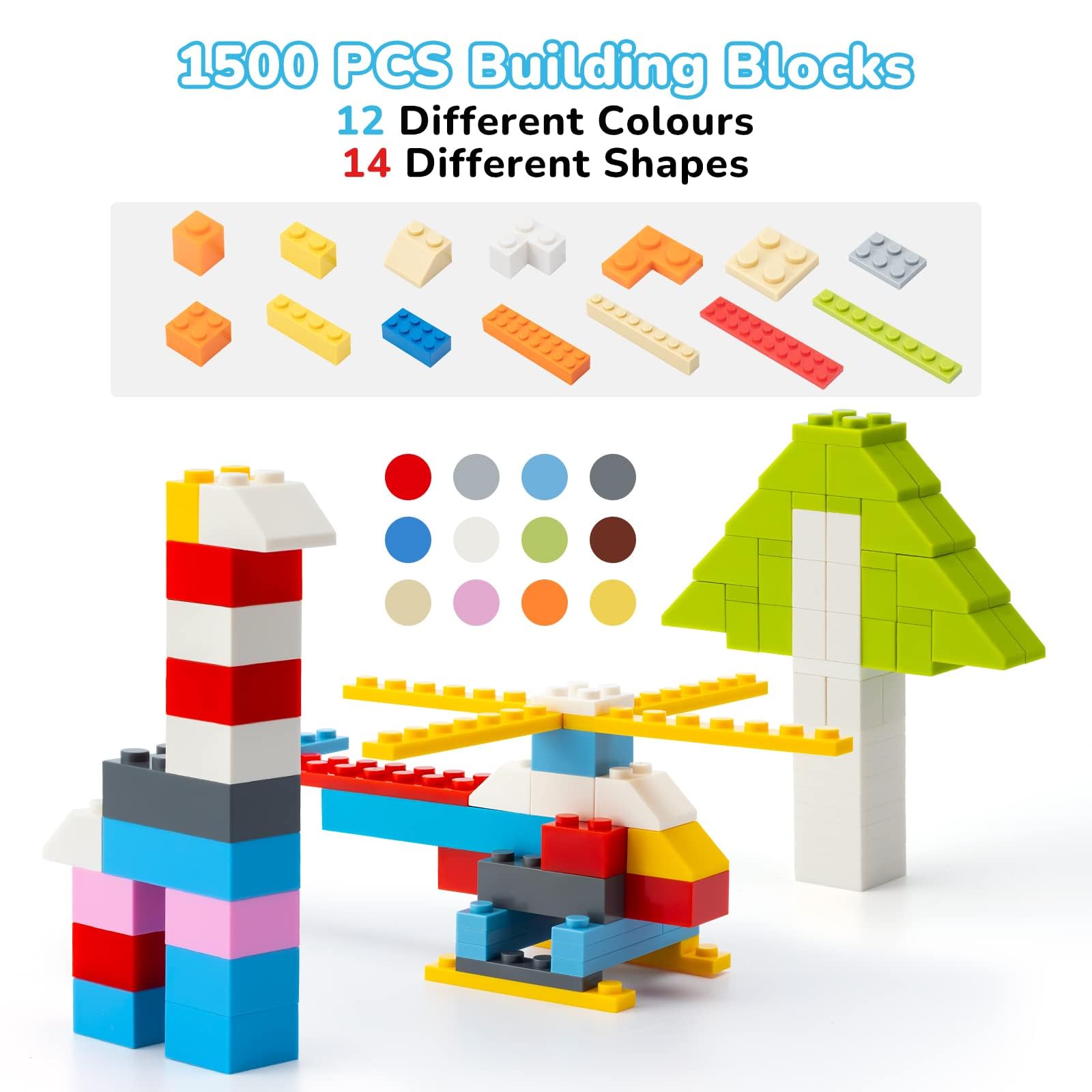 1500 Piece Building Bricks,Bulk Classic Building Blocks Basic Box Compatible with Major Brands Baseplates, 12 Colors 14 Random Bulk Shapes