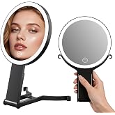 Handheld Makeup Mirror with Lights, 10X/1X Double Sided Magnifying Mirror | Rechargeable 3-Color Dimmable Hand Mirrors, 3-in-1 Handheld Hanging Tabletop for Travel, 6-Inch, 1500mAh (1x/10x)