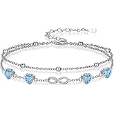 DAMOOR 925 Sterling Silver Infinity Heart Birthstone Anklet Bracelets for Women Layered Anklets Bracelets Birthday Jewelry for Her